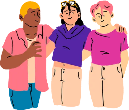 Illustration of three people with their arms around each other, representing the community DSPs build with the people they support